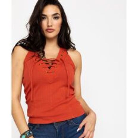 Idyllwind Womens Red 100% Cotton V-Neck Lace Up Front Sleeveless Tank Top Size L
